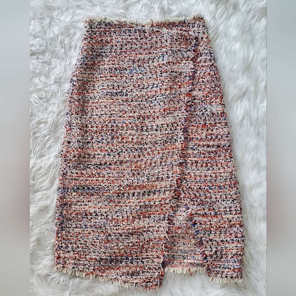 Last Price Drop! H&M Women's Multicolor Tweed Midi Frayed Wrap Pencil Skirt Sz 2